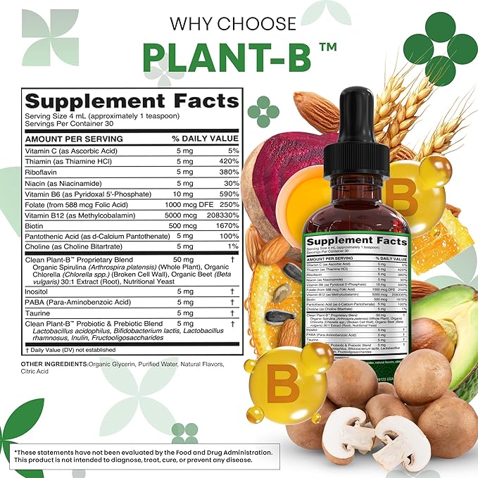 Vitamin B Complex Liquid Drops | Thiamine B1 B6 B2 B3 B4 B5 B7 B9 B12 Niacinamide Paba Choline Inositol Taurine Probiotics Beet Root Spirulina - Plant-B Vitamin Supplements by Clean Nutra