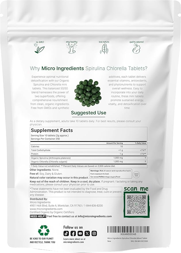 Micro Ingredients Organic Spirulina Chlorella Mini Tablets 2500 Tablets (8 Month Supply) | 50/50 Blend Superfood | Cracked Cell Wall for Better Absorption | Rich in Vegan Protein &amp Chlorophyll