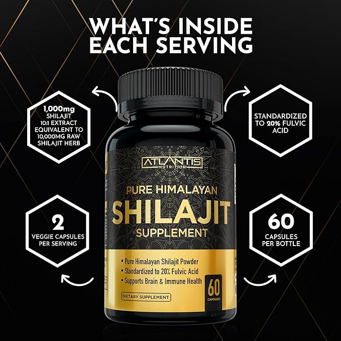 Atlantis Nutrition Himalayan Shilajit Capsules Formulated with 20% Fulvic Acid | 1000MG Per Serving — 10:1 Extract | USA Made | Himalayan Shilajit Supplement for Men &amp Women | 120 Capsules