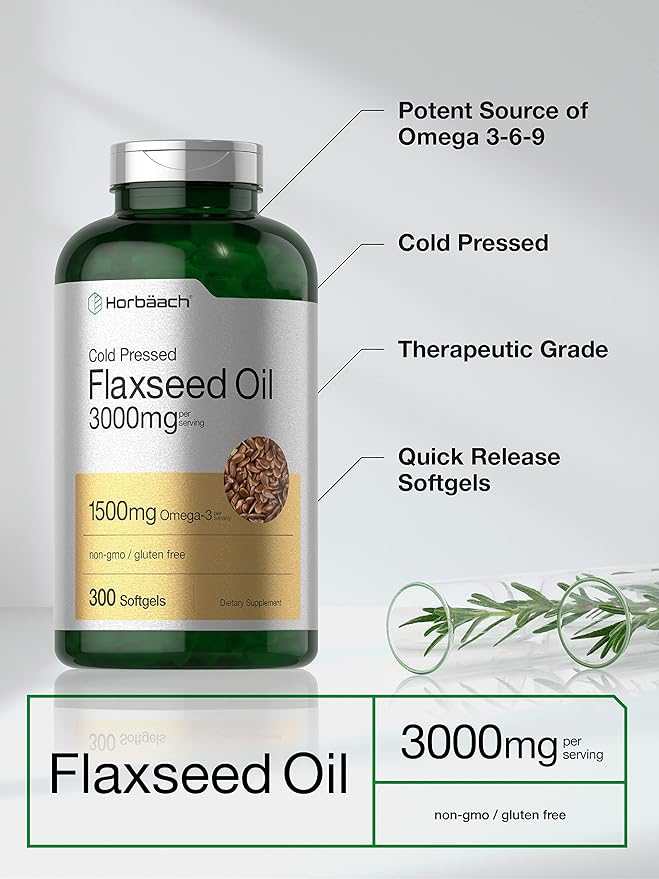 Horbäach Flaxseed Oil Softgel Capsules 3000mg | 300 Count | High Potency | with Omega 3 6 9 | Non-GMO Gluten Free | Cold Pressed Flax Seed