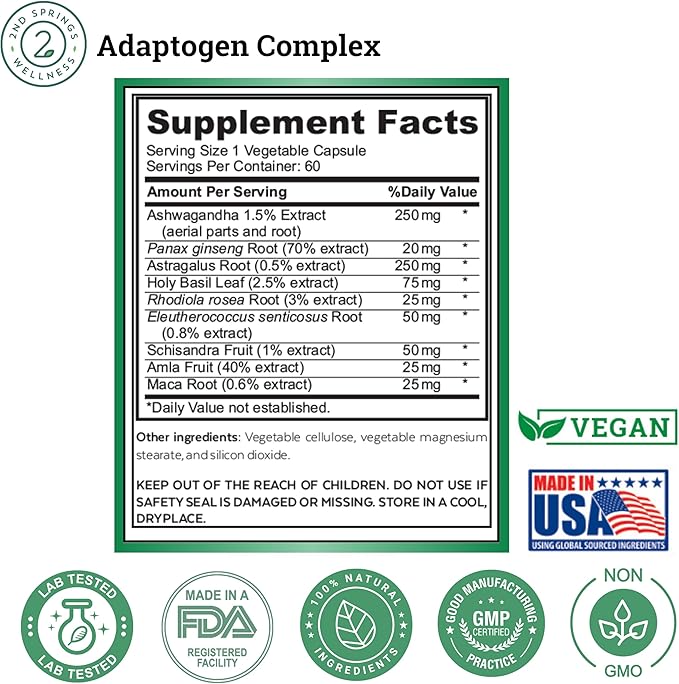 Adaptogen Complex Calmness Energy and Vitality Booster - Ashwagandha Schisandra Astragalus Ginseng Rhodiola and More - Adrenal Support Supplements - 60 Ct