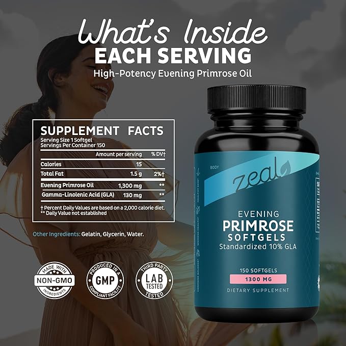 Zeal Naturals Evening Primrose Oil Softgels (Liquid Capsules) 1300mg 150 Softgels | Evening Primrose Oil for Women | Hormone Support &amp Skin Health | Standardized 10% GLA