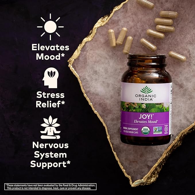 ORGANIC INDIA Joy Herbal Supplement - Immune Support Promotes Memory &amp Concentration Vegan Gluten-Free Kosher USDA Certified Organic Non-GMO Calming - 90 Capsules