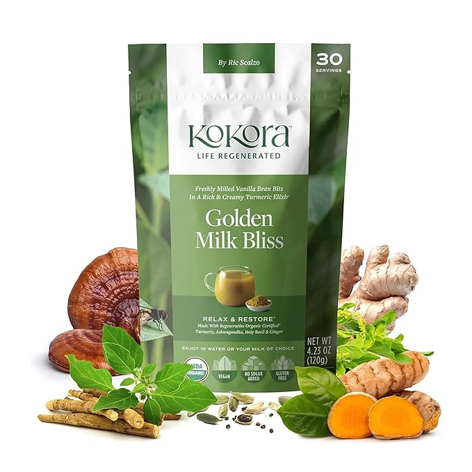Kokora Golden Milk Bliss - Relax Restore Calm the Mind* - Regenerative Organic Certified Turmeric Ashwagandha Holy Basil &amp Ginger - Vegan Non-GMO No Added Sugar - 120g - 30 Servings