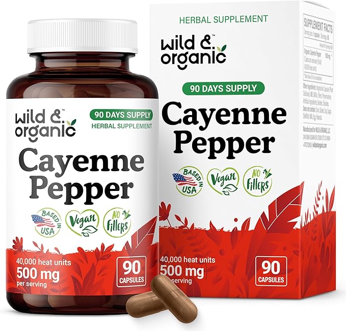 Wild &amp Organic Cayenne Pepper Capsules 500 mg - Digestive Support - Pure Cayenne Pepper Extract - Capsaicin Powder Supplement - Vegan No Fillers Non-GMO - 90 Count