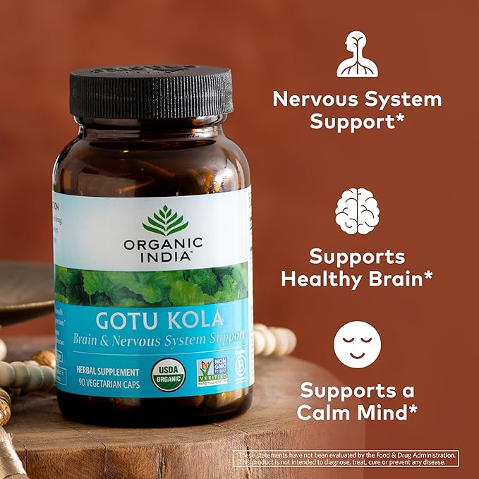 ORGANIC INDIA Gotu Kola Herbal Supplement - Adaptogen for Brain &amp Nervous System Support Vegan Gluten-Free Kosher USDA Certified Organic Non-GMO Calming Mental Clarity - 90 Capsules