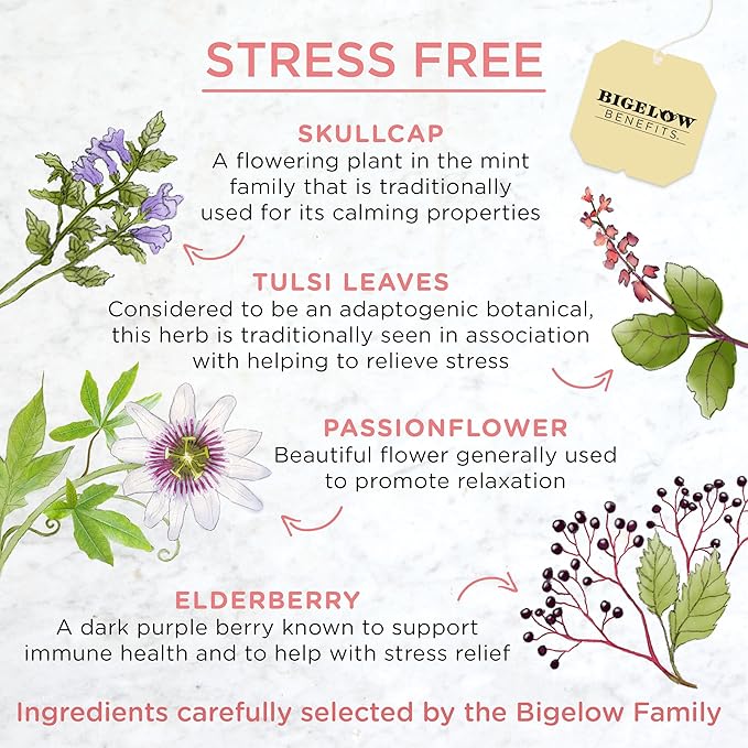 Bigelow Benefits Stress Free Rose &amp Mint Herbal Tea Caffeine Free 18 Count (Pack of 6) 108 Total Tea Bags
