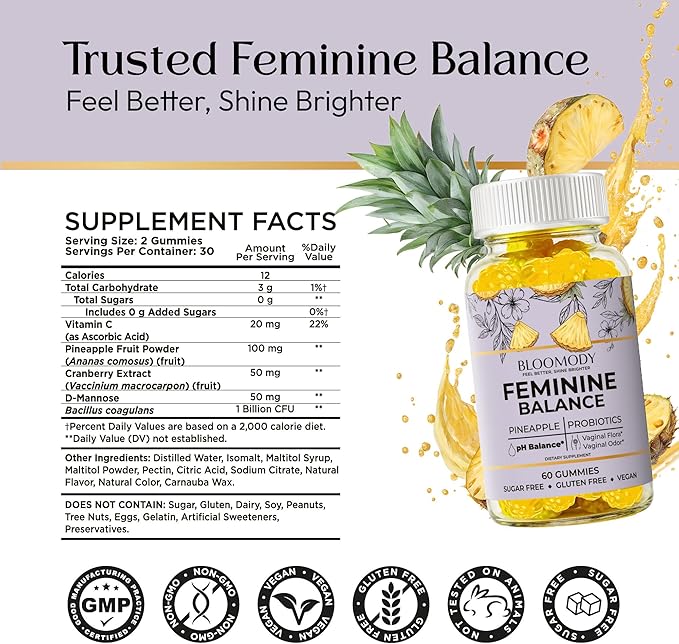 Probiotic Feminine Balance Gummies for Women - pH Balance &amp Vaginal Health Supplement with Cranberry Vitamin C - Natural Pineapple pH Balancing Gummy for Healthy Odor Hygiene Support