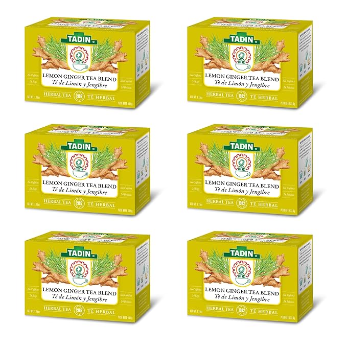 Tadin Lemon Ginger Tea Herbal Tea Caffeine Free 24 Tea Bags Per Box Pack of 6