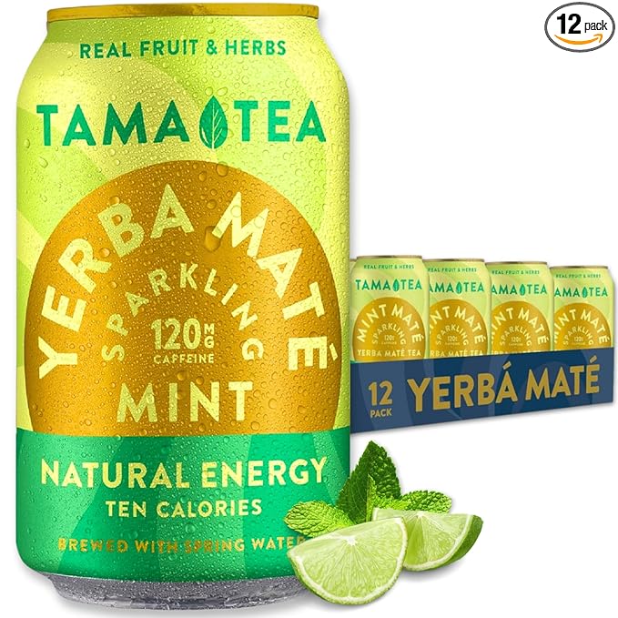 Organic Sparkling Mint Yerba Mate Tea Unsweetened by Tama Tea - Sugar Free Energy Drink Alternative 120mg Natural Caffeine 12 oz (12-Pack)