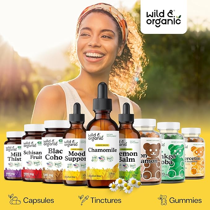 Wild &amp Organic Chamomile Tincture - Relaxing &amp Calming Chamomile Supplement - Liquid Flower Extract Drops - Vegan Sugar &amp Alcohol-Free - 2 fl oz