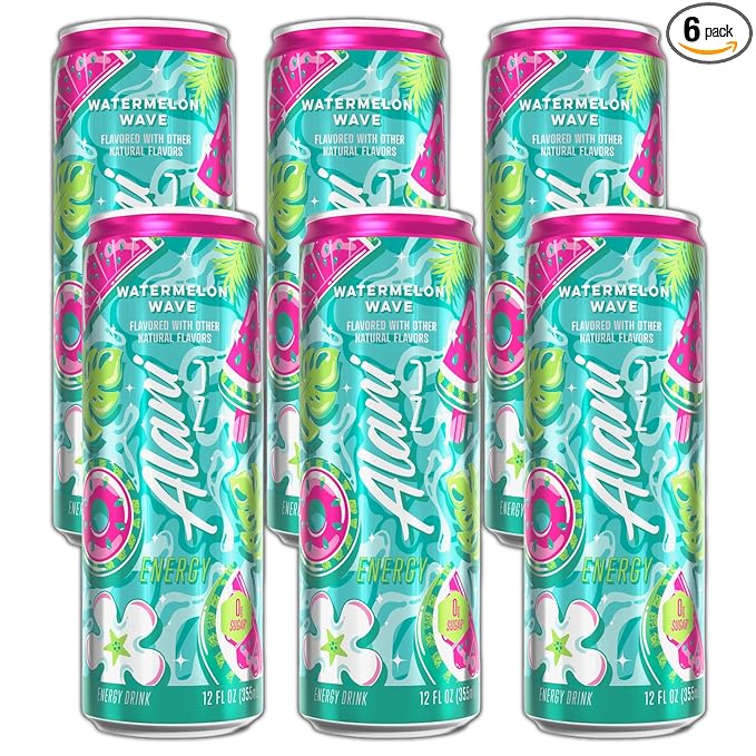 New Alani Energy Drinks Watermelon Wave Zero Suger Low - Calorie 200mg Caffiene Energy Boost Drinks 12 oz (6 Pack)