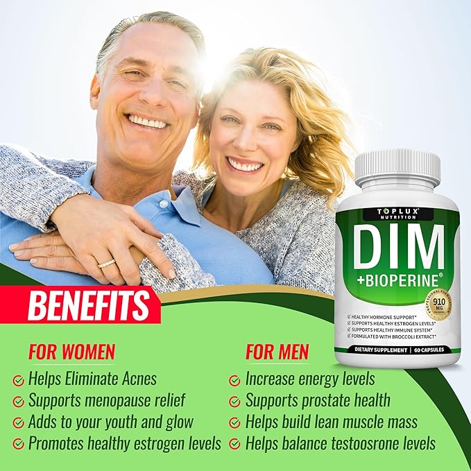 Dim Supplement 910 mg Plus BioPerine Complex - Diindolylmethane to Support Hormone Balance and Estrogen Metabolism Helps with Menopause Acne PCOS Better Skin Bodybuilding for Men Women 60 Capsules