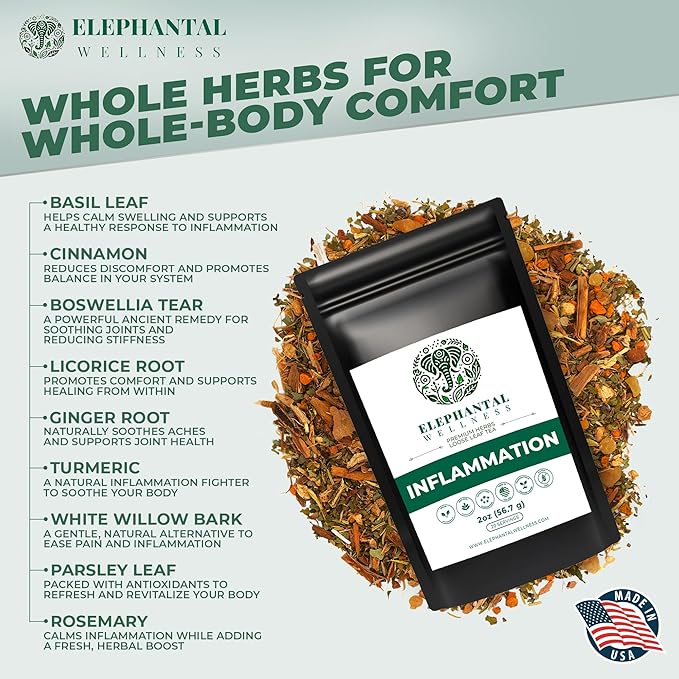 Elephantal Wellness Premium Inflammation Herbal Tea | Comfort &amp Mobility Blend with Turmeric Boswellia White Willow Bark &amp Ginger | Handmade Non-GMO Caffeine-Free Loose Leaf 2oz 20 Servi