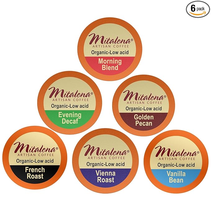 Mitalena Artisan Coffee Variety Pack - 72 Low Acid Organic Coffee Pods Compatible with Keurig K Cup Coffee Maker - Try 6 Different Flavors - Small Batch Artisan K Cups