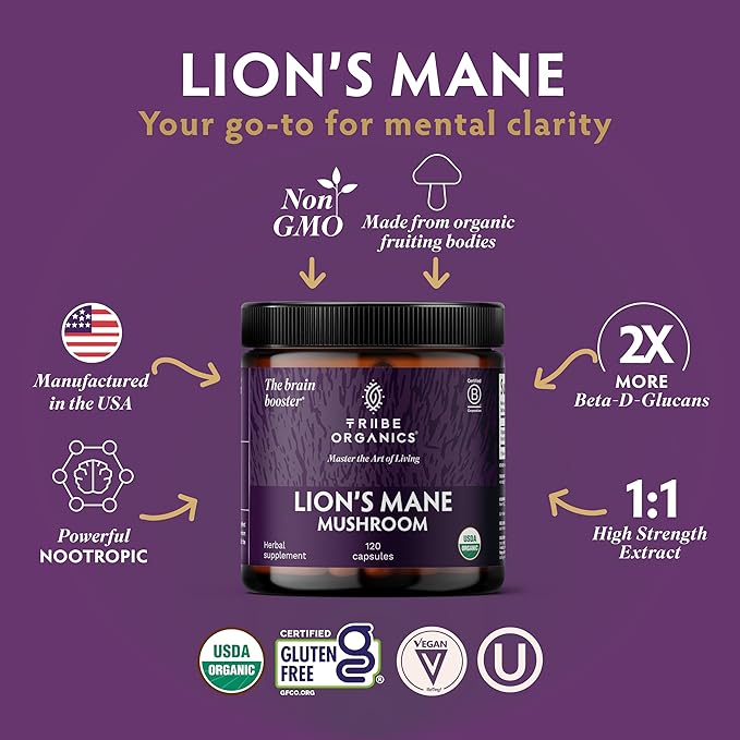 TRIBE ORGANICS Lion’s Mane Supplement 1000mg Mushroom Extract Powder - Immune System Booster &amp Brain Nootropic for Focus and Memory | Mental Clarity | Natural Energy and Immunity - 120 Vegan Capsu