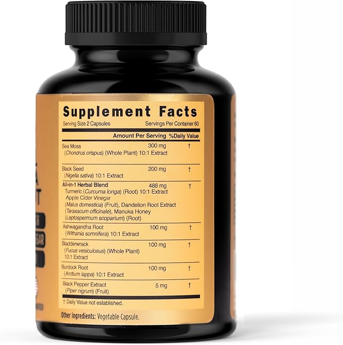 PRIME NATURAL Sea Moss 300mg Black Seed Oil 200mg Ashwagandha 100mg Turmeric Bladderwrack Burdock Manuka Honey Dandelion ACV - 120 Capsules | 60 Days Supply | Vegan