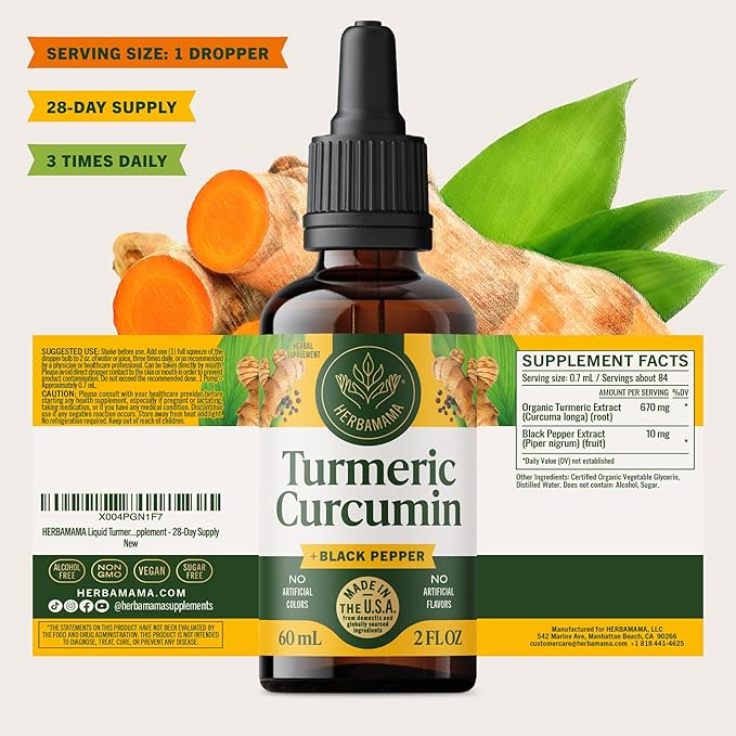 HERBAMAMA Liquid Turmeric Drops - Vegan Uric Acid &amp Digestive Support with Pure Turmeric Curcumin with Black Peppe Extract - Non-GMO Alcohol &amp Sugar-Free Antioxidant Supplement - 28-Day Suppl