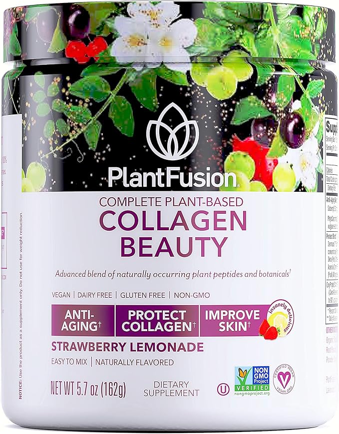 PlantFusion Vegan Collagen Beauty - Vegan Collagen Powder for Women - Hair Skin and Nails Vitamins - Gluten Free Non-GMO Non-Dairy (Strawberry Lemonade 18 Servings)