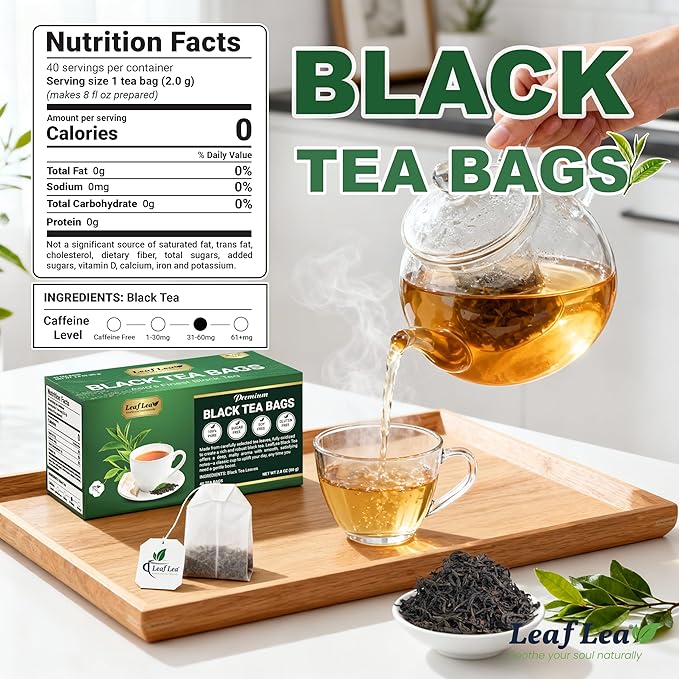 LeafLea 80 Black Tea Bags Premium Black Tea Leaves Rich Bright and Firmly Astringent Promotes Digestive Comfort &amp Steady Alertness Caffeinated Sugar-Free Vegan Enjoy Hot or Iced