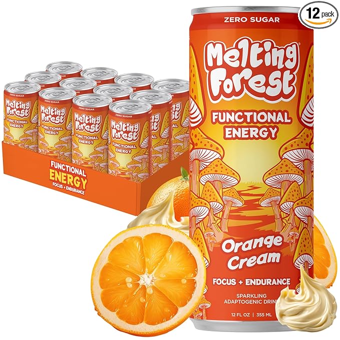 Melting Forest Mushroom Energy Drink L-Theanine Cordyceps &amp Lion's Mane 150mg of Caffeine Energy &amp Focus Cognitive Function &amp Mental Clarity Orange Cream (12 Pack)