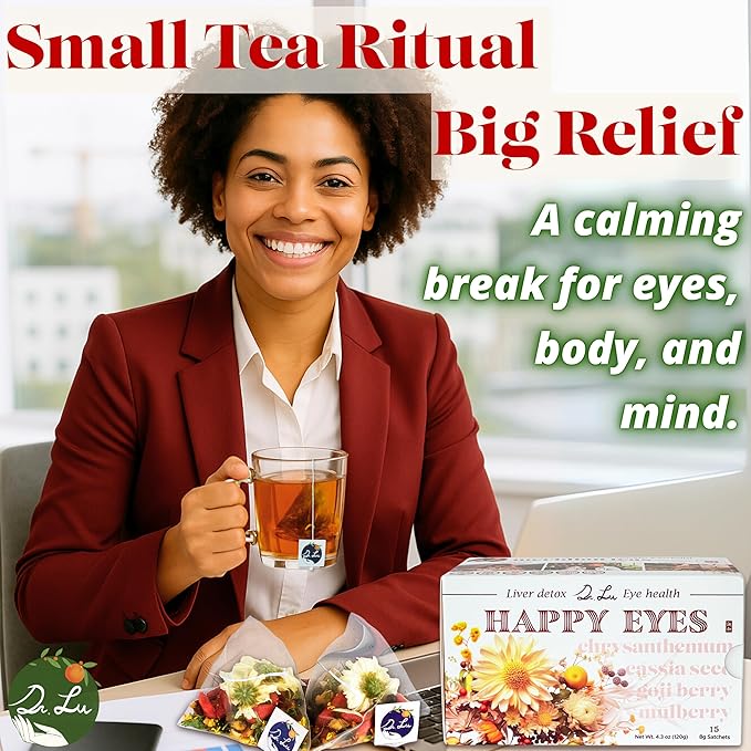Dr. Lu’s Happy Eyes Tea | 100% Natural Eyebright Tea for Liver Cleanse | Liver Detox tea for Eye Health | Chrysanthemum Cassia Seed Goji Berry 8 Premium Herbs in Corn Fiber Pyramid Bags | Made in US