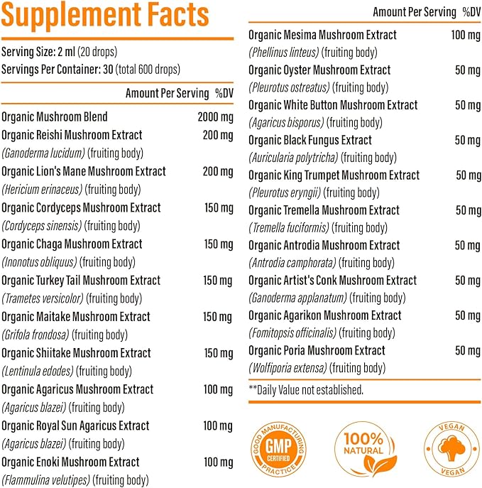 Liposomal Mushroom Complex Drops 2000 MG - 20 Organic Mushroom Extracts - Advanced Liquid Formula for Immunity Cognitive and Memory - Lions Mane Supplement Reishi Cordyceps Chaga 30 Servings