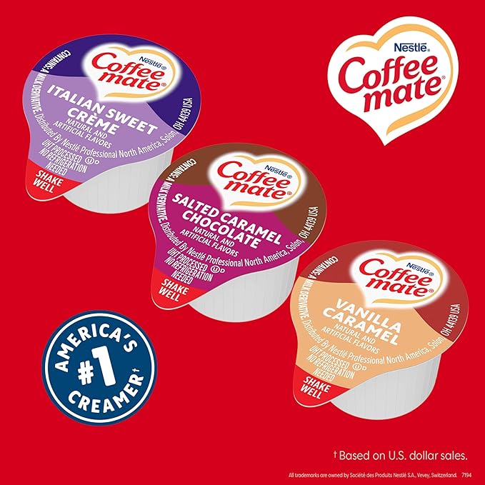 Nestle Coffee mate Creamer Singles Variety Pack Italian Sweet Creme Salted Caramel Chocolate Vanilla Caramel Non Dairy No Refrigeration 0.375 fl oz Tubs 150 Count (Pack of 50 Per Flavor)