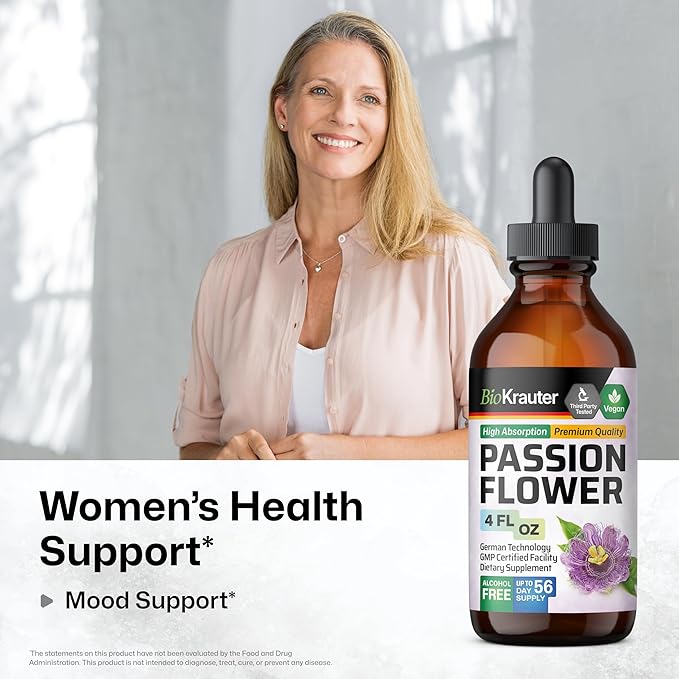 BIO KRAUTER® Passion Flower for Stress Relief - Calm &amp Mood Support - Pure Vegan Liquid Drops Passion Flower Extract 670 mg/Serving 4 Fl.Oz 56-Day Supply - Alcohol &amp Sugar Free - Natural Calm