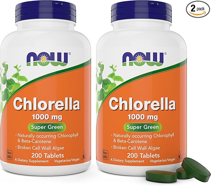 Now Chlorella 1000mg Tablets - 200 Count (Pack of 2) - Natural Occurring Chlorophyll Beta-Carotene - Non-GMO Vegan - Green Super Food Supplement for Women and Men