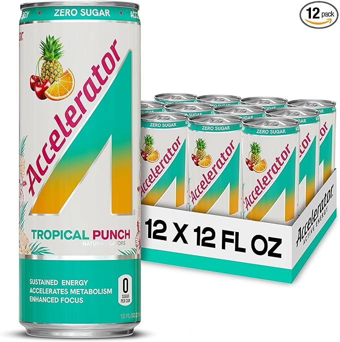Accelerator Energy Drink Tropical Punch 12oz can (12 pack) Zero Sugar Sustained Energy from 100% Natural Caffeine (200mg from Green Coffee Bean &amp Green Tea extract)