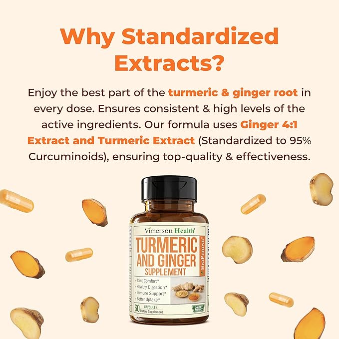 Turmeric Curcumin Supplement with Ginger Root for Joint Support Digestive &amp Gut Health - Contains Organic Turmeric Curcumin with Black Pepper (Bioperine) for Enhanced Absorption - 60 Capsules