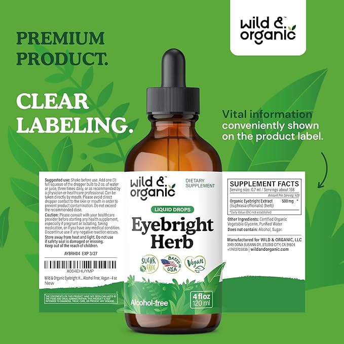 Wild &amp Organic Eyebright Herb Tincture - Vision Support with Euphrasia Extract - Dietary Eyebright Drops 500 mg - Vegan Sugar &amp Alcohol-Free Liquid Supplement - 4 fl oz