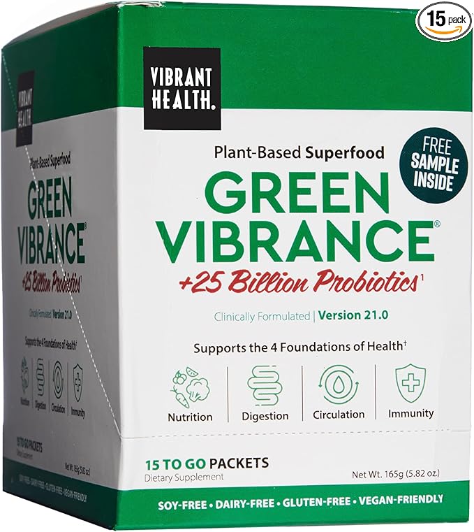 Vibrant Health Green Vibrance Packets Travel-Friendly Vegan Superfood Powder 15 Packets
