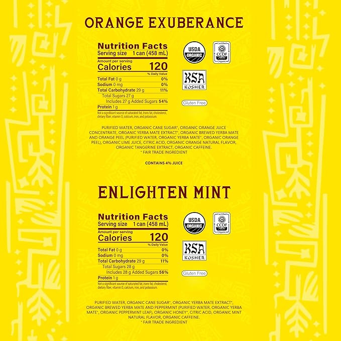 Yerba Madre Organic Yerba Mate Clean Energy Drink Alternative Bundle Orange Exuberance &amp Enlighten Mint Flavors 15.5 Oz (Pack of 24) 150mg Natural Caffeine Smooth Energy &amp Focus