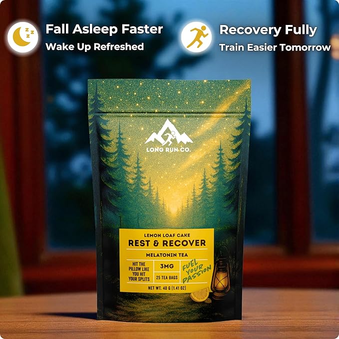 Rest &amp  Recover Sleep Tea by Long Run Co. – Caffeine‑Free Herbal Tea with Melatonin (25 Tea Bags) – All Natural Better Sleep &amp Recovery Wake Up Refreshed [6mg Melatonin Lemon Loaf Cake]