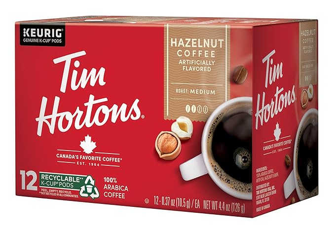 Tim Hortons Hazelnut Flavored Medium Roast Coffee Single-Serve K-Cup Pods Compatible with Keurig Brewers 72ct K-Cups 6x12ct Boxes Red