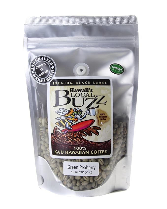 Hawaii's Local Buzz Premium Black Label Peaberry Green (Unroasted) Beans 9 Ounce