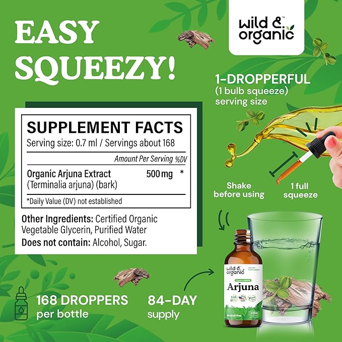 Wild &amp Organic Arjuna Bark Extract Drops - Antioxidant Support - Terminalia Arjuna Extract Supplement - Add to Tea &amp Mix with Powder - No Sugar &amp Alcohol Non-GMO Vegan - 4 fl oz