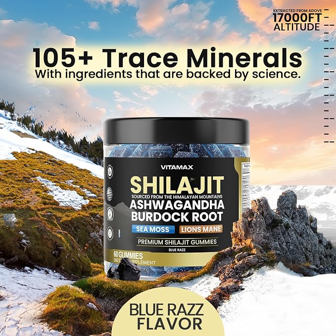 Pure Shilajit Gummies Sea Moss Ashwagandha 105+ Trace Minerals – Organic Burdock Root &amp Lions Mane Mushroom - Blue Razz – Vegan &amp Non-GMO – Made in USA – 60ct