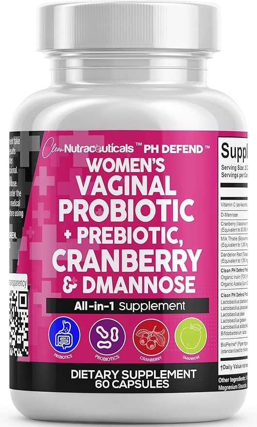 Clean Nutraceuticals Vaginal Probiotics for Women with Cranberry D-Mannose Prebiotics pH Balance Support Feminine Health Urinary Tract Cleanse – Capsule Alternative to Gummies – 60 Count