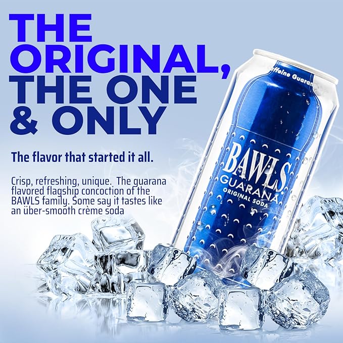 BAWLS Guarana Original Guarana Fueled Soda for Energy High Energy Caffeinated Drink - 16oz 12 Pack Cans