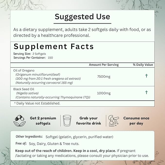Oil of Oregano with Black Seed Oil Capsules – Dietary Supplement for Immune &amp Respiratory Wellness Support – with Carvacrol &amp Thymoquinone – Non-GMO Gluten-Free – 300 Softgels