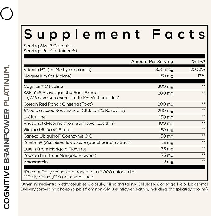 Codeage Cognitive Brainpower Platinum Supplement - Cognizin Citicoline KSM-66 Ashwagandha Panax Ginseng Rhodiola Phosphatidylserine Ginkgo Ubiquinol CoQ10 Liposomal - Non-GMO - 90 Capsules