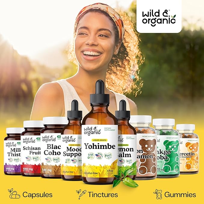 Wild &amp Organic Yohimbe Supplements for Men &amp Women - 5 mg Yohimbine Extract Tincture - Alcohol-Free Yohimbe Bark Drops - Vegan Non-GMO &amp Sugar-Free - 4 fl oz