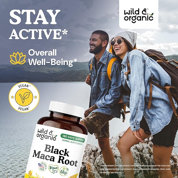 Wild &amp Organic Black Maca Root Capsules for Men &amp Women 500 mg - Overall Support for Men &amp Women - Vegan Maca Powder Supplement - 180 Days Supply - Non-GMO No Fillers Gluten-Free - 180 C