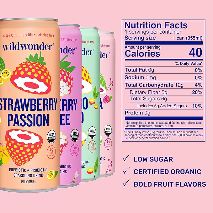 wildwonder Sparkling Probiotic Drink 12pk For Gut Health &amp Immune Support Classic Variety Pack 5g Prebiotic Fiber Live Probiotics Organic Vegan Low Sugar 12 Pack 12oz Can Seen on Shark T