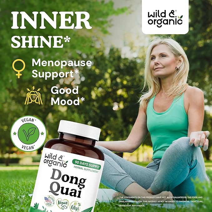Wild &amp Organic Dong Quai Capsules 1000 mg - Menopause Supplements for Women - Dong Quai Root Supplement - Angelica Root Herb - 90-Day Supply - Non-GMO Vegan Gluten-Free - 180 Count