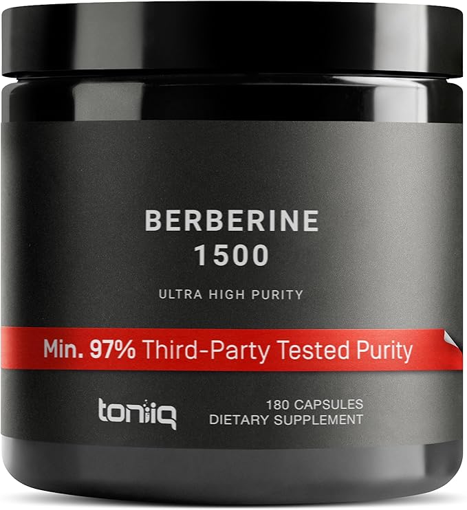 Toniiq Ultra High Strength Berberine HCl from The Himalayas - 100:1 Concentrated Extract - Lab-Tested 97% Berberine HCl - 180 Vegetarian Capsules 1500 mg per Serving