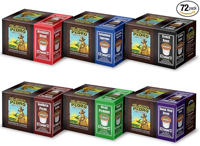 Cafe Don Pedro Assortment Pack Low Acid Coffee Pods - Compatible With Keurig K-cup Coffee Maker - Try 6 Different Coffees - 12 Cups Each 72 count